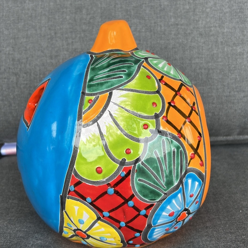 Mexican colorful pottery jack o lantern candle holder